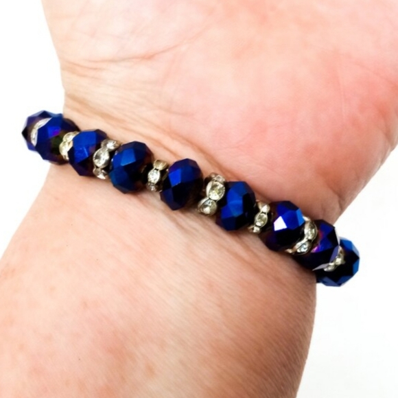 Vintage Stretch Bracelet Beaded.Cobalt Blue Beads with Rhinestones. - Picture 3 of 4